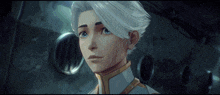a cartoon character with white hair and blue eyes looks at the camera