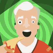 an older man is eating a slice of pizza with a green background