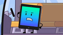 a cartoon character holding a tablet with a blue screen
