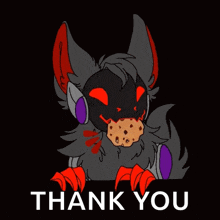 a drawing of a monster with a cookie in its mouth and the words thank you