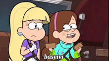 two cartoon girls are sitting in a car and the word basvivi is on the bottom right