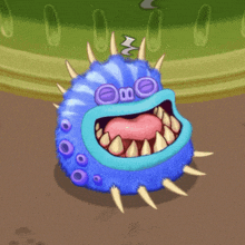 a blue monster with sharp teeth and a pink tongue is looking at the camera