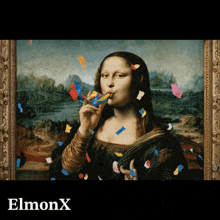 a painting of a woman blowing a party horn with the word elmonx below her