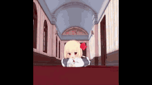 a cartoon girl with blonde hair and red eyes is laying on a red carpet in a hallway
