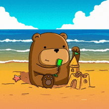 a cartoon bear is playing with sand on the beach
