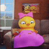 a cartoon duck with a pink bow is laying on a couch with chips