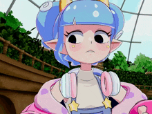 a cartoon drawing of a girl with blue hair