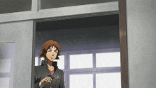 a man in a suit is standing in a doorway with his eyes closed