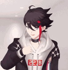 a cartoon character with a hoodie that says 222b on it