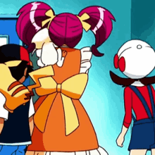 a group of cartoon characters are standing next to each other .