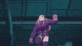 a girl with pink hair is flying through the air with the words " perfuracao etaria " above her