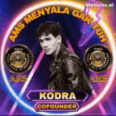 a picture of a man in a leather jacket with the name koda cofounder on it
