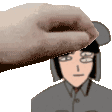 a hand is touching a cartoon character 's head .