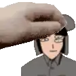 a hand is touching a cartoon character 's head .