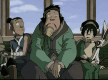 a group of cartoon characters sitting next to each other with one of them holding a corn on the cob