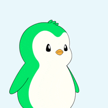 a cartoon of a green and white penguin with a red beak