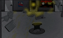 a cartoon drawing of a room with a sign that says new robots