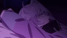 a girl with a cat ear is laying down in a dark room