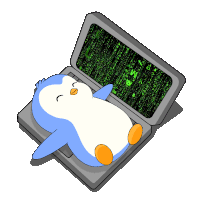 a penguin is laying on top of a laptop with the letters s o g and m on the screen