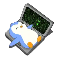 a penguin is laying on top of a laptop with the letters s o g and m on the screen