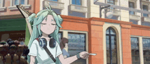 a girl wearing headphones is holding a piece of paper in front of a building that says ' o'clock '