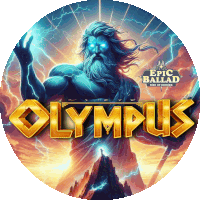 an advertisement for epic ballad olympus shows a statue of zeus