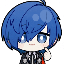 a cartoon character with blue hair is giving a thumbs up sign