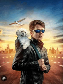a man wearing sunglasses is carrying a dog on his back