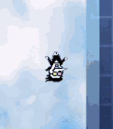 a pixel art drawing of a pirate flying through the air with a blue sky in the background