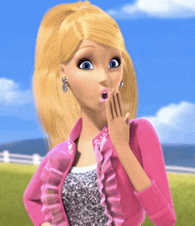 a surprised barbie doll is wearing a pink jacket and ruffled top