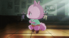 a pink cartoon character with the number 21 on his shirt
