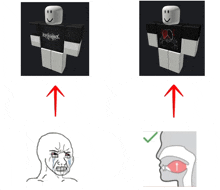 a picture of a roblox character with an arrow pointing up and a picture of a crying face with an arrow pointing down