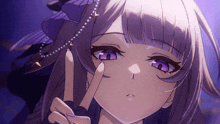 a girl with purple eyes is making a peace sign with her finger