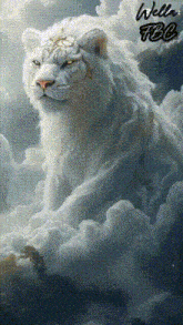 a painting of a white tiger surrounded by clouds with weller fcg written on the bottom