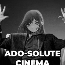 a black and white photo of a girl with the words " ado-solute cinema " on the bottom