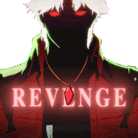 a man with red eyes and the word revenge in white