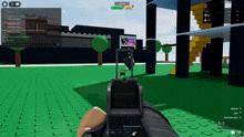 a screenshot of a video game shows a person holding a gun in front of a building and trees