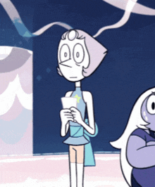 a cartoon character named pearl is holding a piece of paper in her hands