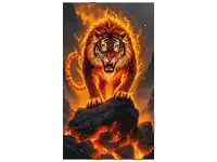 a painting of a tiger with flames coming out of it 's paws