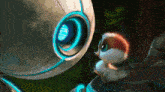 a small bird is looking at a robot with a blue light coming out of it