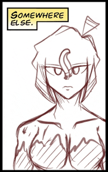a drawing of a woman with the words somewhere else on the bottom