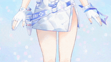 a drawing of a woman 's legs and gloves with a blue star on the belt