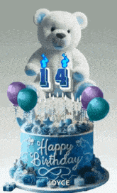a teddy bear is sitting on top of a blue birthday cake .