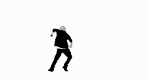 a man in a black jacket is dancing in front of a white background .