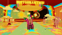 a clown on a stage with a sign that says buffoon antics