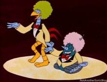 a cartoon of a rooster and a clown with the words not anothersonicblog below them