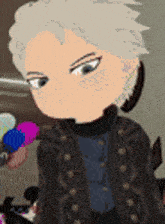 a cartoon character with white hair and freckles is wearing a black jacket and turtleneck .
