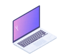 an isometric illustration of a laptop with a purple screen and the letter s on it