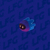 a purple and blue cartoon character in a dark room with letters lfg on the wall