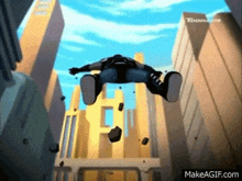 a cartoon character is flying through the air in front of a building that says tbon on it